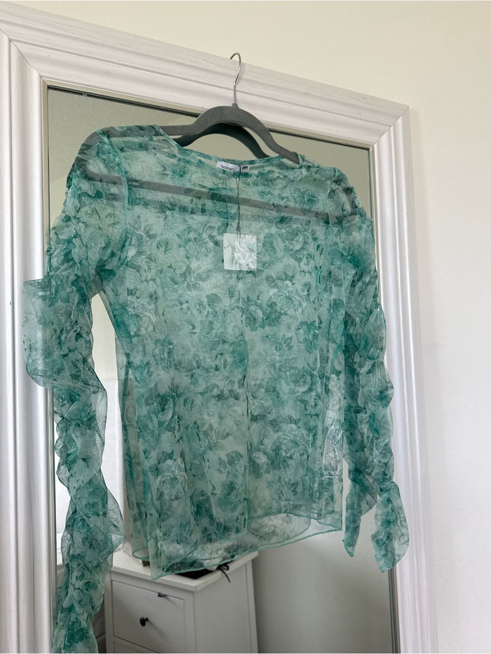 Zara Teal Floral Sheer Ruffle Sleeve Blouse Size Small NWT